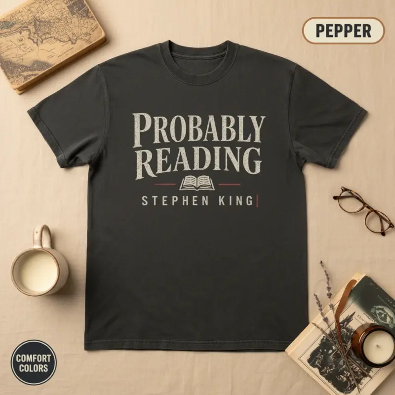 probably reading stephen king funny horror reader t shirt flatlay bookish pepper