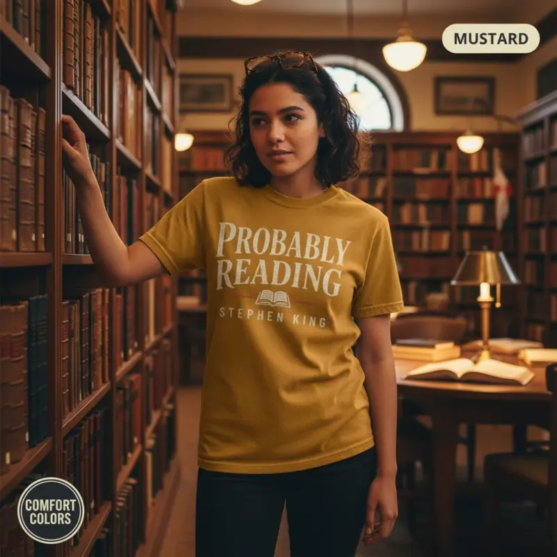 probably reading stephen king funny horror reader t shirt library female mustard