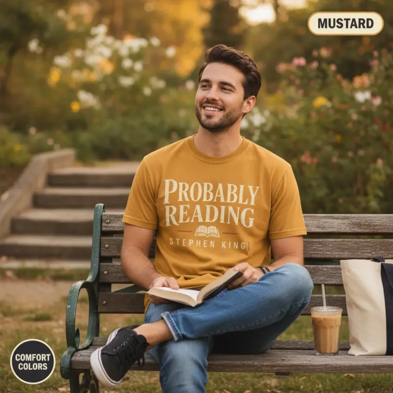 probably reading stephen king funny horror reader t shirt outdoor reading male mustard