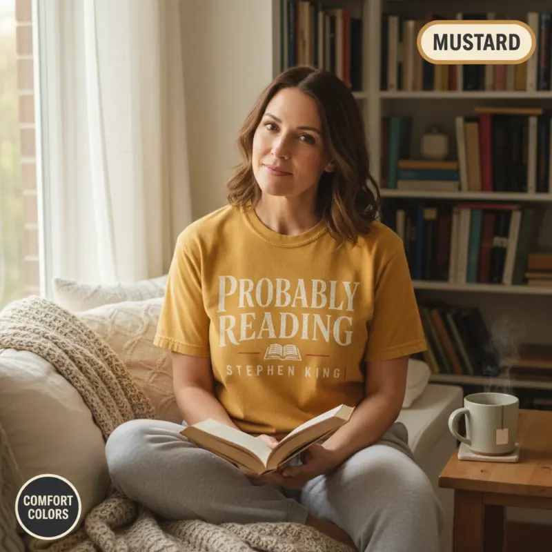 probably reading stephen king funny horror reader t shirt reading nook female mature mustard