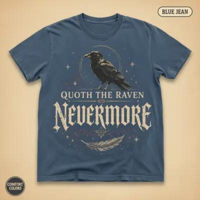 Blue Jean Comfort Colors t-shirt with Gothic raven and Quoth the Raven Nevermore typography, studio front view