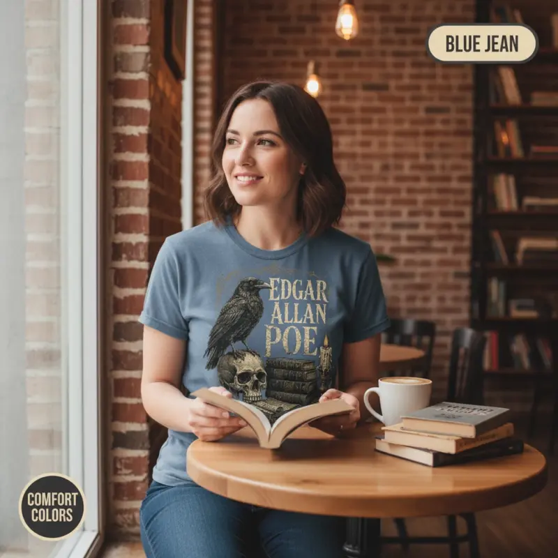 raven skull edgar allan poe t shirt coffee shop female blue jean