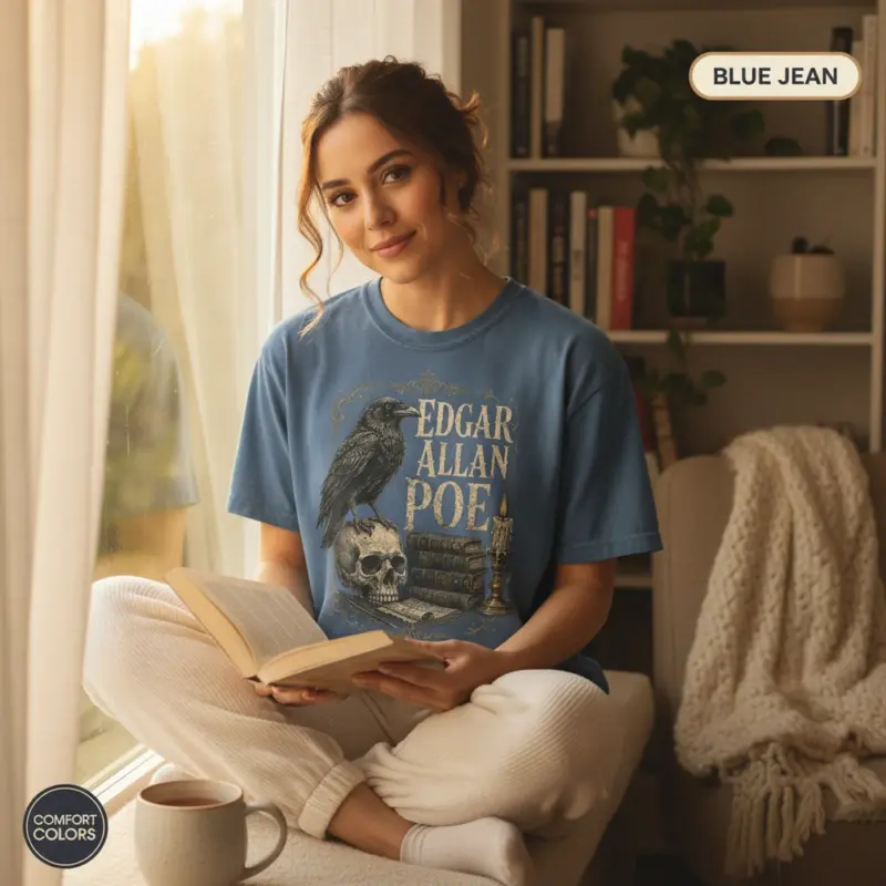 raven skull edgar allan poe t shirt reading nook female young blue jean