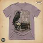 Orchid Comfort Colors t-shirt with raven skull Gothic illustration and Edgar Allan Poe dark academia design, studio frontal view