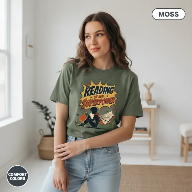 reading is my superpower bookish gift garment dyed t shirt book lover tee for her casual indoor female young moss