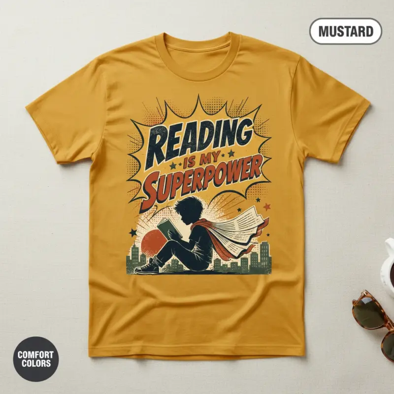 reading is my superpower bookish gift garment dyed t shirt book lover tee for her flatlay mustard