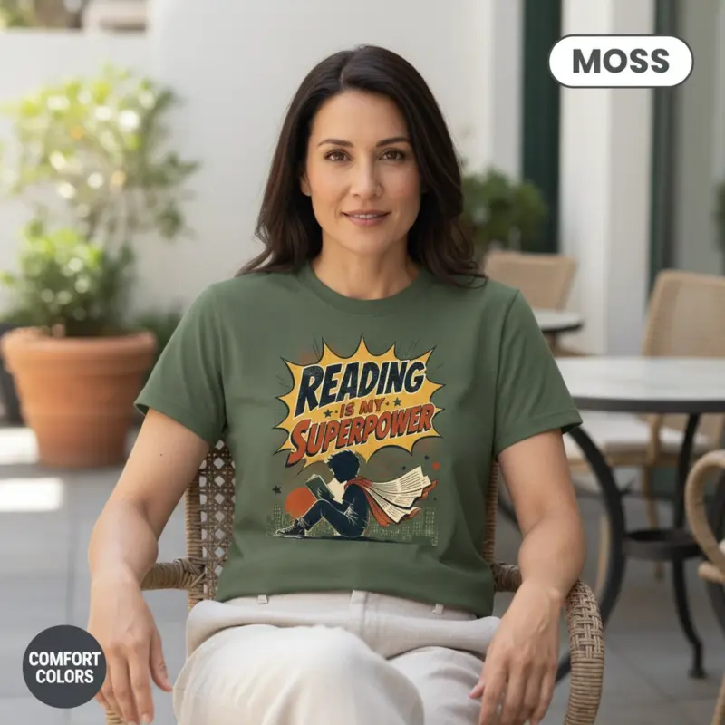 reading is my superpower bookish gift garment dyed t shirt book lover tee for her mature female moss