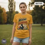 Woman wearing mustard garment-dyed Comfort Colors tee with bold "Reading Is My Superpower" typography graphic, outdoors in natural light