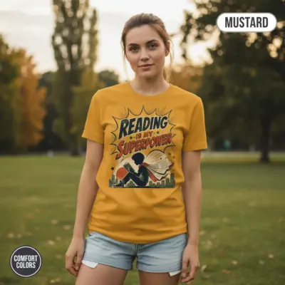 Woman wearing mustard garment-dyed Comfort Colors tee with bold "Reading Is My Superpower" typography graphic, outdoors in natural light
