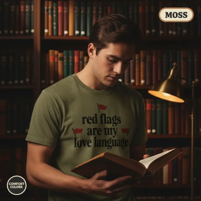 red flags are my love language funny dark romance garment dyed t shirt spicy bookish tee creative male moss