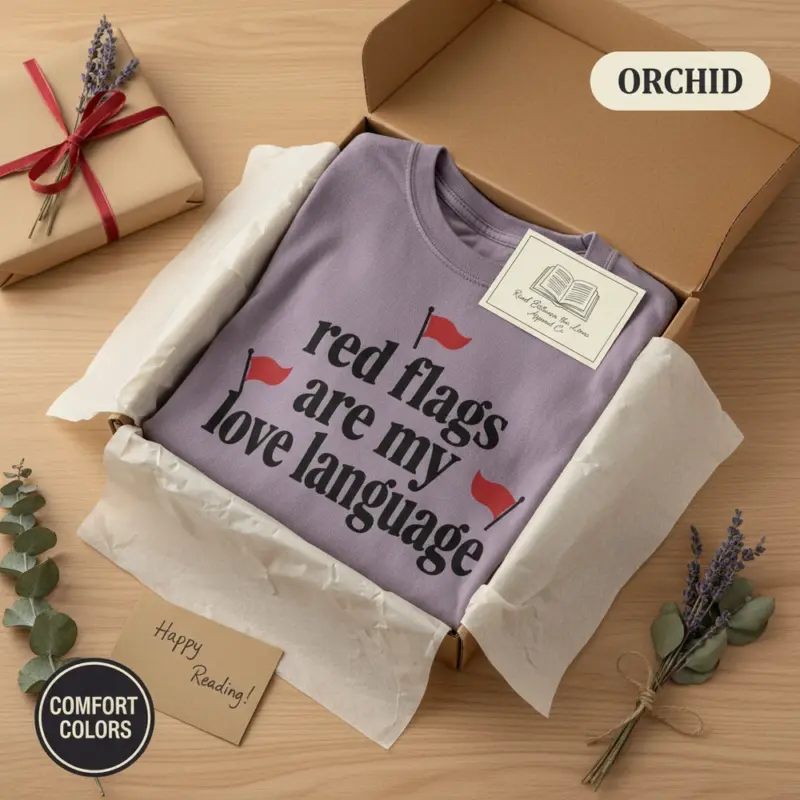 red flags are my love language funny dark romance garment dyed t shirt spicy bookish tee packaging bookish orchid