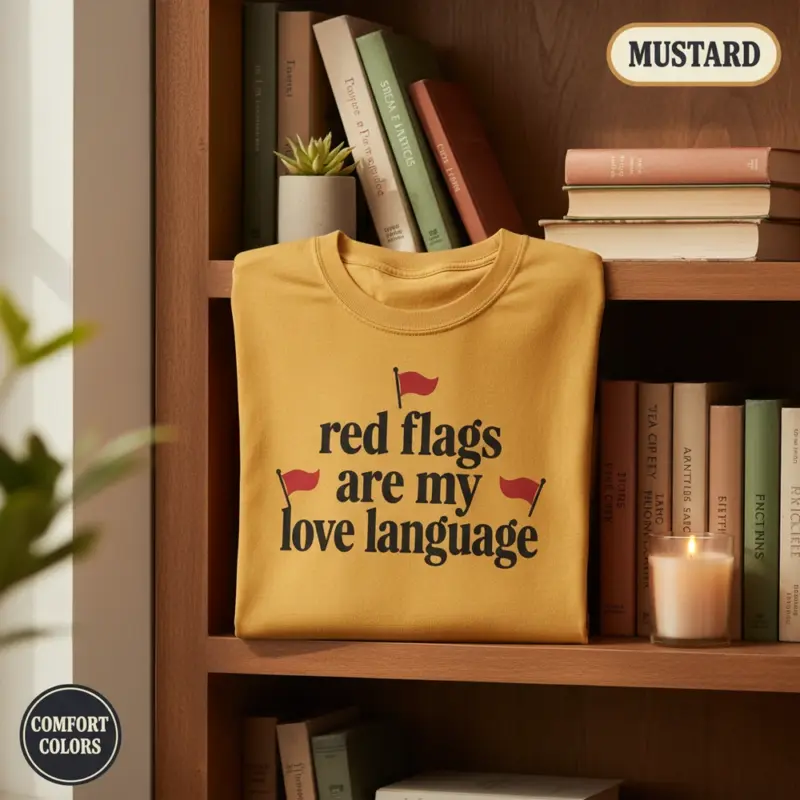 red flags are my love language funny dark romance garment dyed t shirt spicy bookish tee shelf vignette mustard