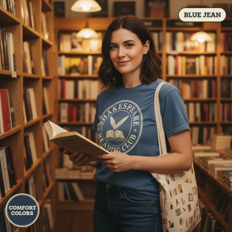 shakespeare reading club vintage literature garment dyed t shirt classic book lover tee bookstore female mid blue jean