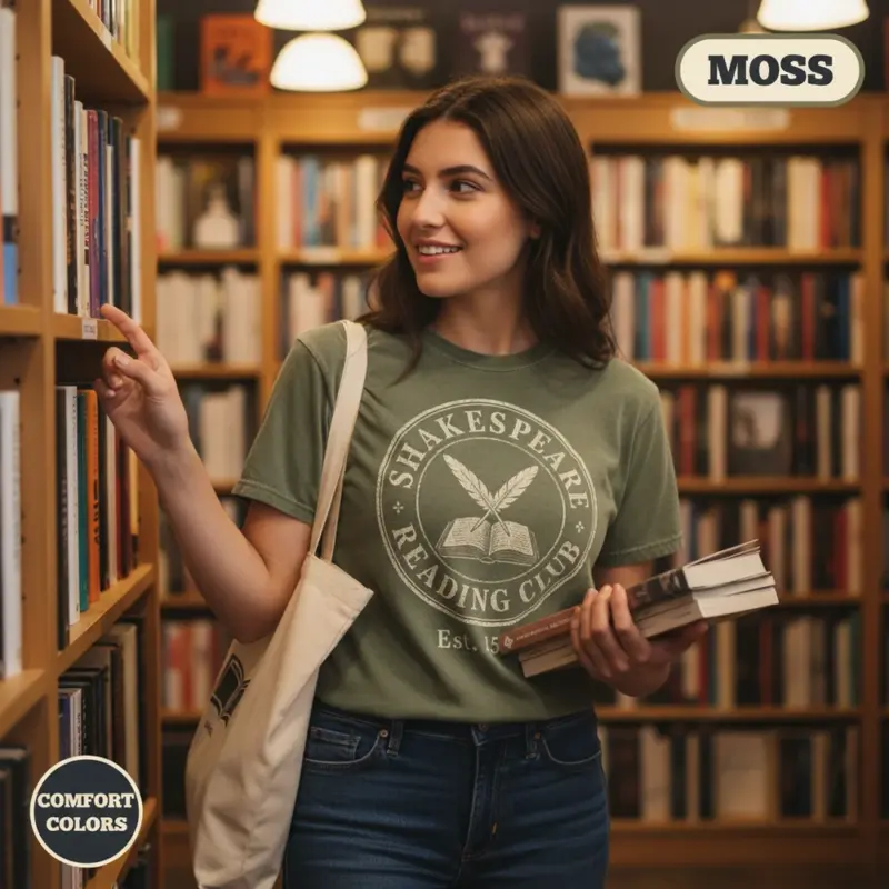 shakespeare reading club vintage literature garment dyed t shirt classic book lover tee bookstore female young moss