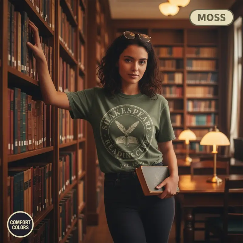 shakespeare reading club vintage literature garment dyed t shirt classic book lover tee library female moss