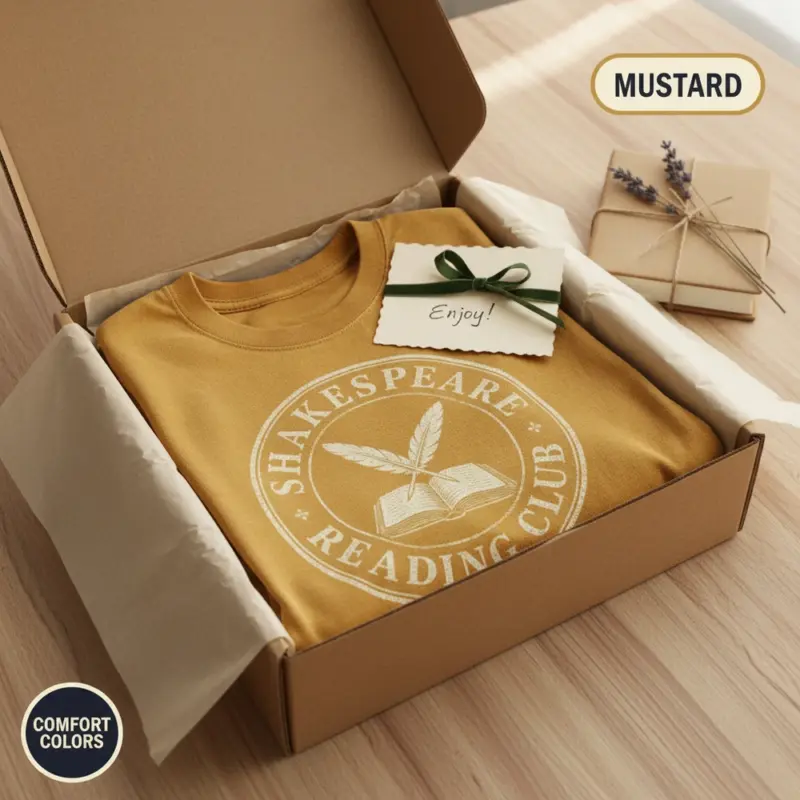 shakespeare reading club vintage literature garment dyed t shirt classic book lover tee packaging bookish mustard