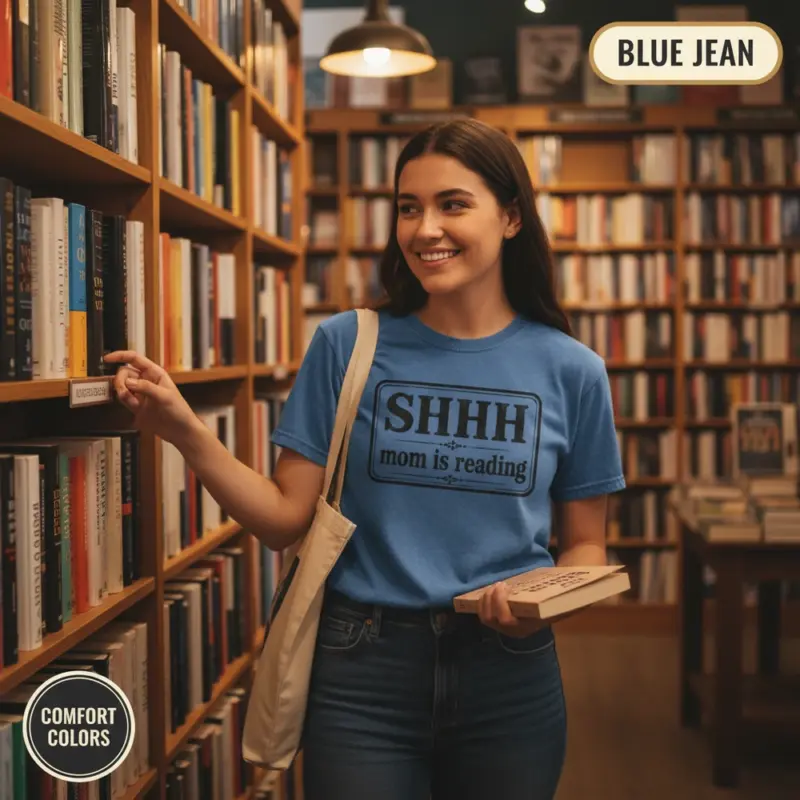 shhh mom is reading funny bookish gift garment dyed t shirt book lover gift for mom bookstore female young blue jean
