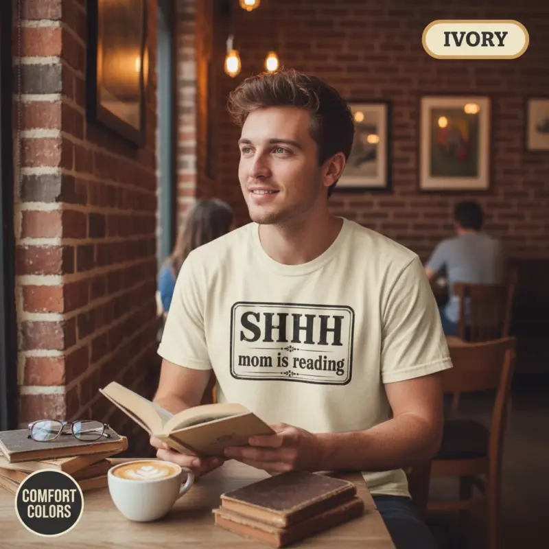 shhh mom is reading funny bookish gift garment dyed t shirt book lover gift for mom coffee shop male ivory
