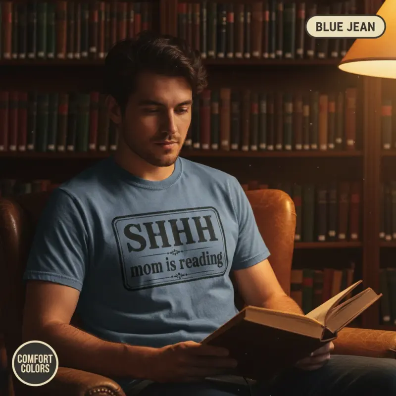 shhh mom is reading funny bookish gift garment dyed t shirt book lover gift for mom creative male blue jean