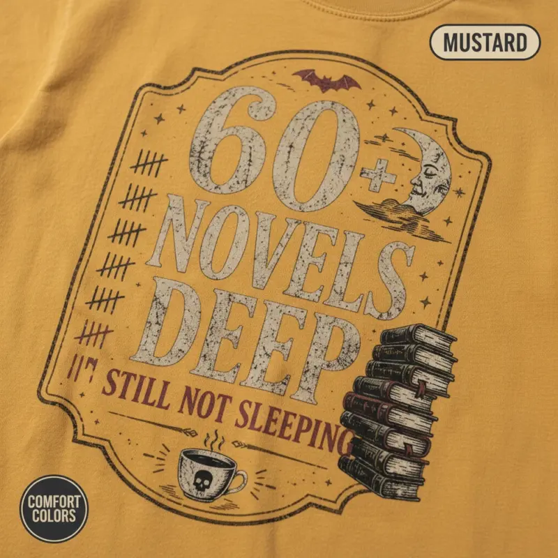 sixty novels deep still not sleeping horror reader t shirt closeup detail mustard