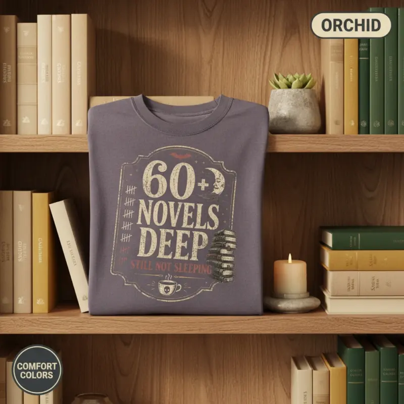 sixty novels deep still not sleeping horror reader t shirt shelf vignette orchid