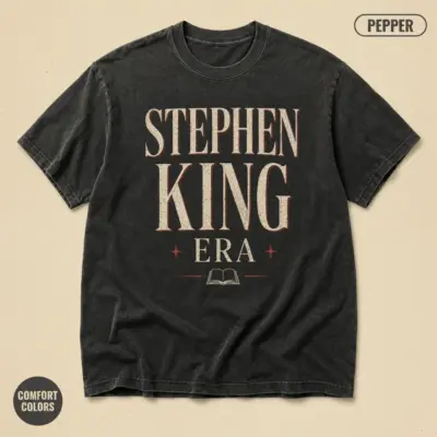 Pepper Comfort Colors tee with distressed vintage "Stephen King Era" horror reader typography printed front chest center