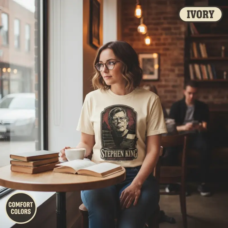 stephen king portrait vintage horror literature t shirt coffee shop female ivory
