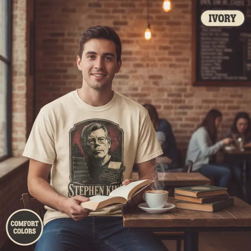stephen king portrait vintage horror literature t shirt coffee shop male ivory