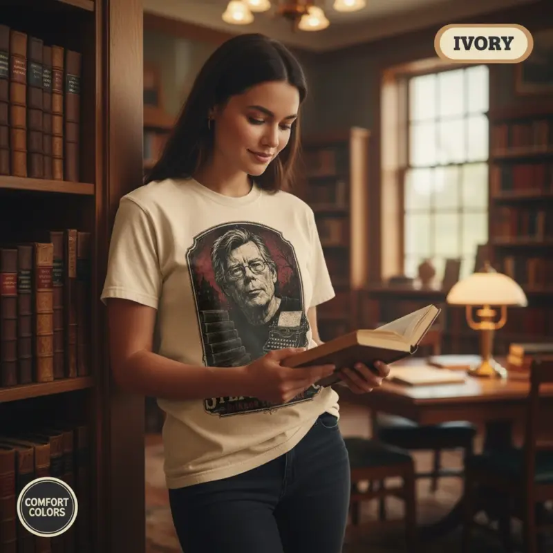 stephen king portrait vintage horror literature t shirt library female ivory