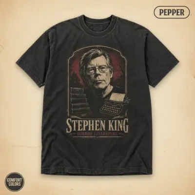 Pepper Comfort Colors t-shirt with distressed vintage Stephen King portrait and retro horror literature typography -- front view