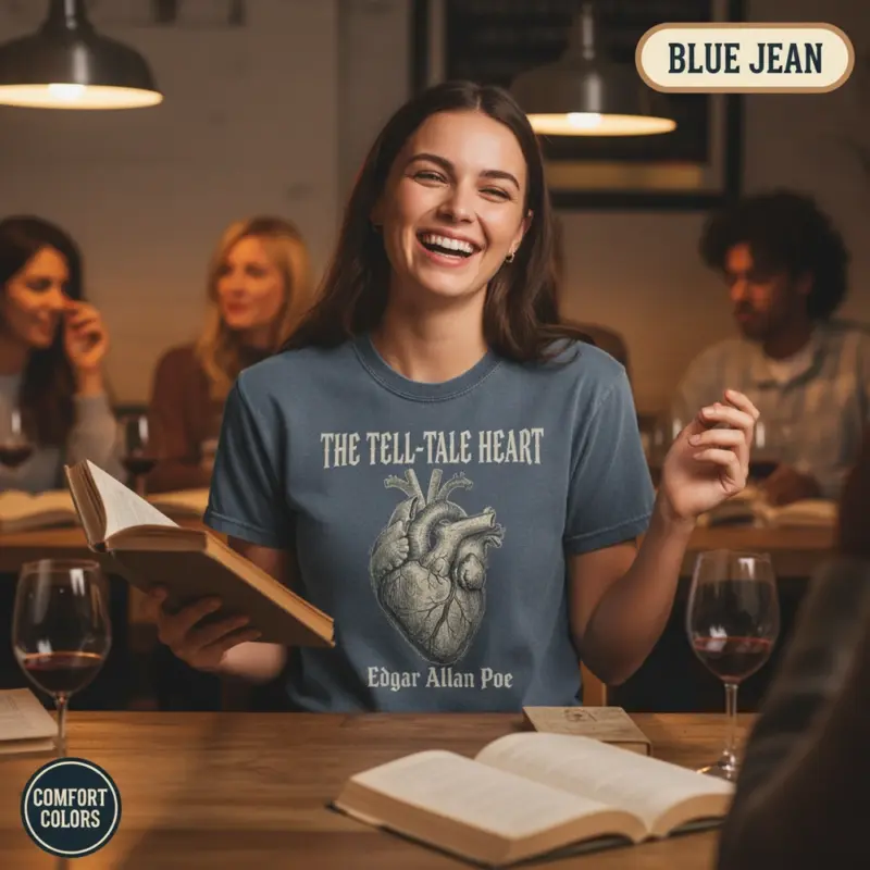 tell tale heart edgar allan poe dark academia garment dyed t shirt gothic literature tee book club female blue jean