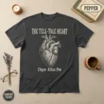 tell tale heart edgar allan poe dark academia garment dyed t shirt gothic literature tee flatlay bookish pepper