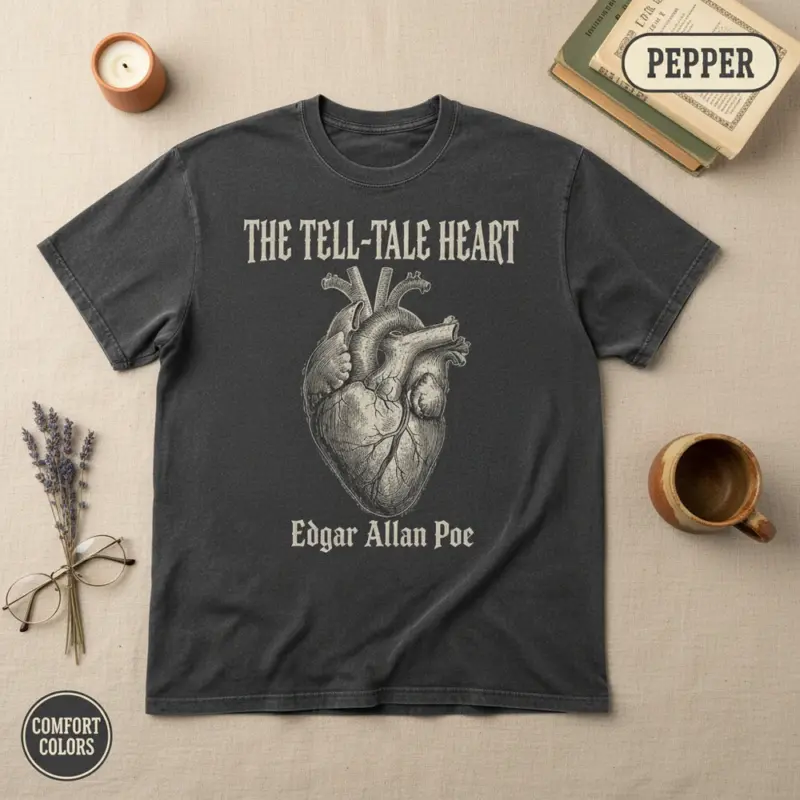 tell tale heart edgar allan poe dark academia garment dyed t shirt gothic literature tee flatlay bookish pepper