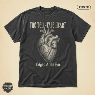 Pepper garment-dyed Comfort Colors tee featuring Gothic typography and anatomical heart illustration referencing Edgar Allan Poe's Tell-Tale Heart