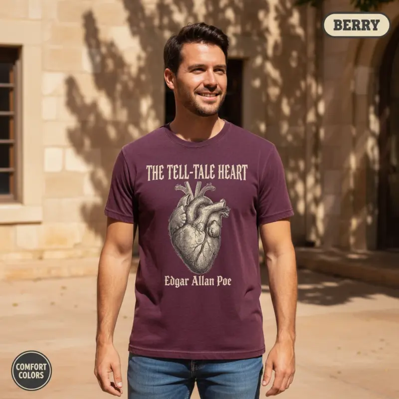tell tale heart edgar allan poe dark academia garment dyed t shirt gothic literature tee sunlight male berry