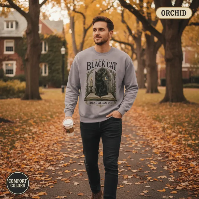 the black cat edgar allan poe sweatshirt autumn campus male orchid