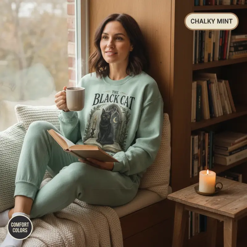 the black cat edgar allan poe sweatshirt reading nook female mature chalky mint