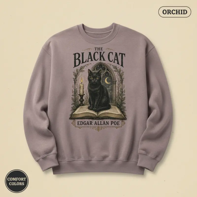 the black cat edgar allan poe sweatshirt studio frontal orchid