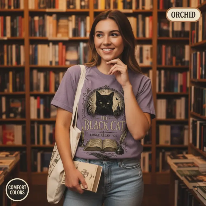 the black cat edgar allan poe t shirt bookstore female young orchid