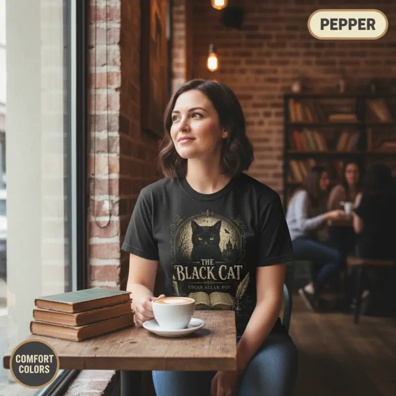 the black cat edgar allan poe t shirt coffee shop female pepper