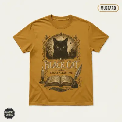 Mustard Comfort Colors garment-dyed t-shirt with Gothic black cat illustration referencing Edgar Allan Poe's 1843 short story, front chest center print