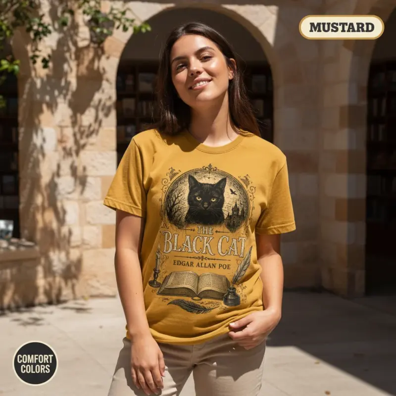 the black cat edgar allan poe t shirt sunlight female mustard