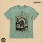 Chalky mint Comfort Colors t-shirt with Edgar Allan Poe Cask of Amontillado Gothic catacomb illustration and distressed letterpress typography