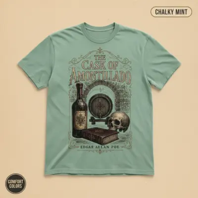 Chalky mint Comfort Colors t-shirt with Edgar Allan Poe Cask of Amontillado Gothic catacomb illustration and distressed letterpress typography