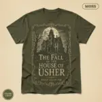 Moss Comfort Colors garment-dyed t-shirt with Gothic illustration of the House of Usher and Poe title typography, front view