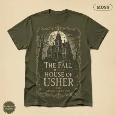 Moss Comfort Colors garment-dyed t-shirt with Gothic illustration of the House of Usher and Poe title typography, front view