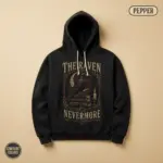 Pepper garment-dyed pullover hoodie with gothic raven silhouette and Nevermore typography -- Edgar Allan Poe literary quote design, front view