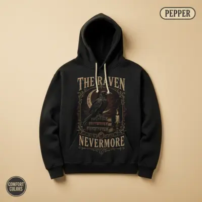 Pepper garment-dyed pullover hoodie with gothic raven silhouette and Nevermore typography -- Edgar Allan Poe literary quote design, front view