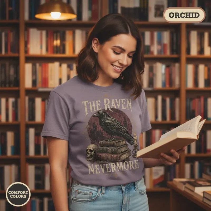 the raven nevermore t shirt bookstore female young orchid