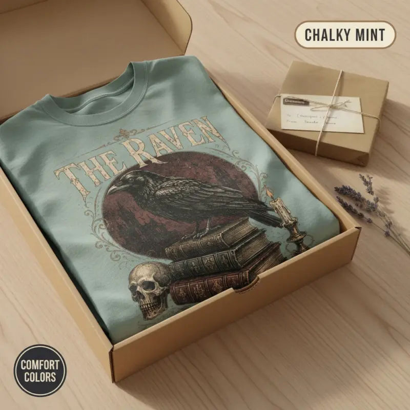 the raven nevermore t shirt packaging bookish chalky mint